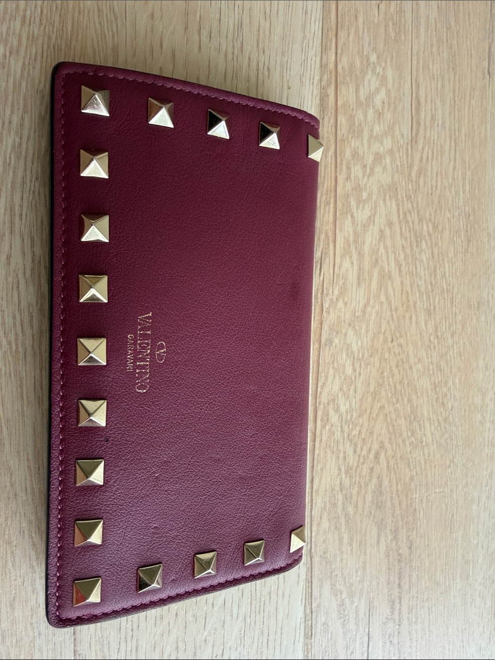 Valentino Wallet Burgundy Leather Rockstud Card Holder with Gold Studs